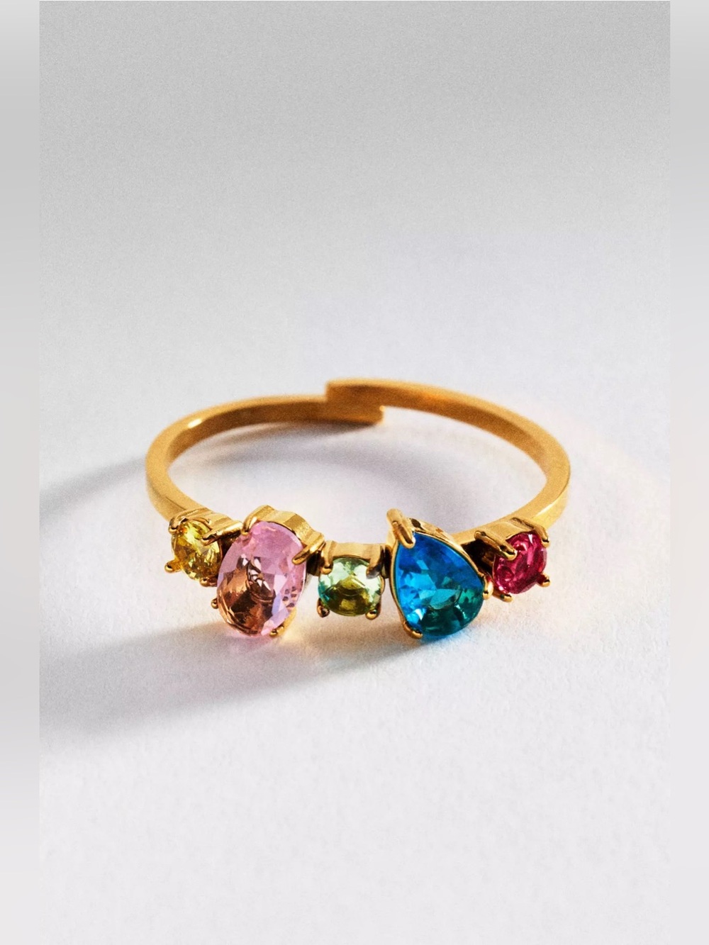 Anthropologie Gold Ring with Blue Teardrop and Pink, Green, Red Accents